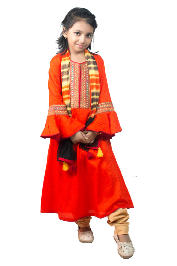 Coral Red Printed, Embroidered & Tie-dyed Salwar Kameez for Girls