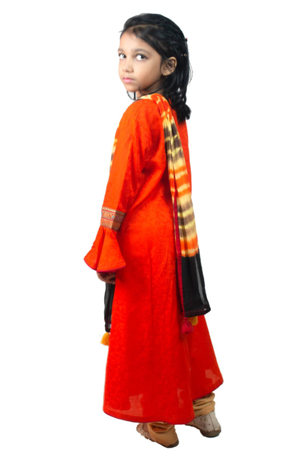 Coral Red Printed, Embroidered & Tie-dyed Salwar Kameez for Girls