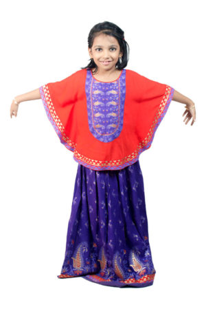 Red Linen Printed Poncho with Skirt for Girls