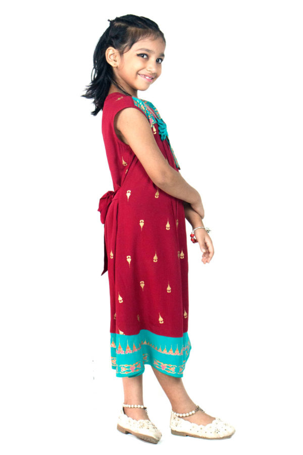 Maroon Linen Printed Top for Girls