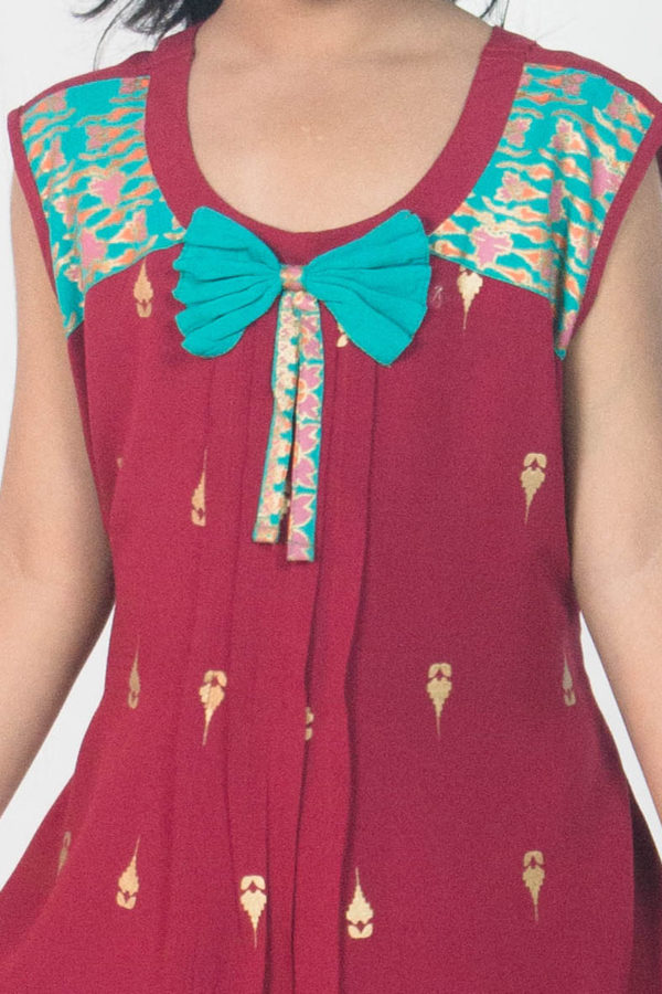 Maroon Linen Printed Top for Girls