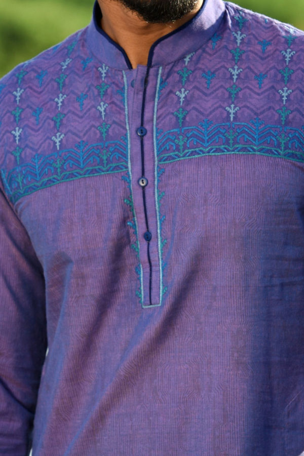 Violet Cotton Printed & Embroidered Panjabi