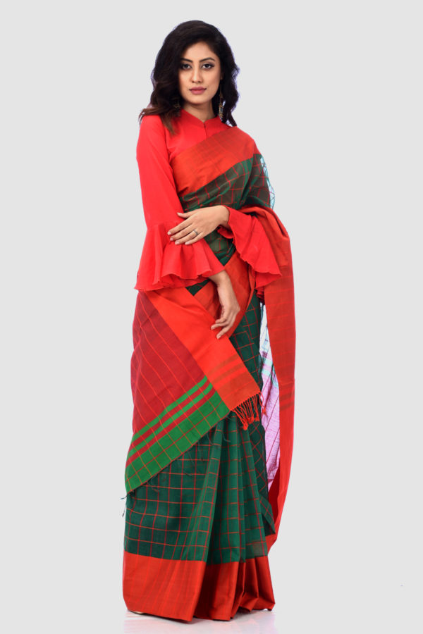 Green Half Silk Red Anchal Saree