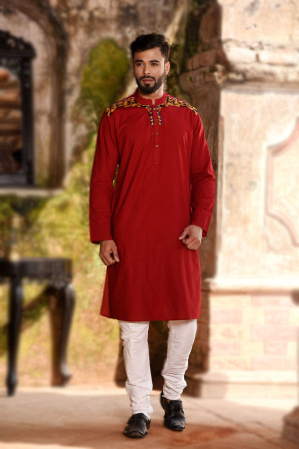 Red Cotton Embroidered Panjabi