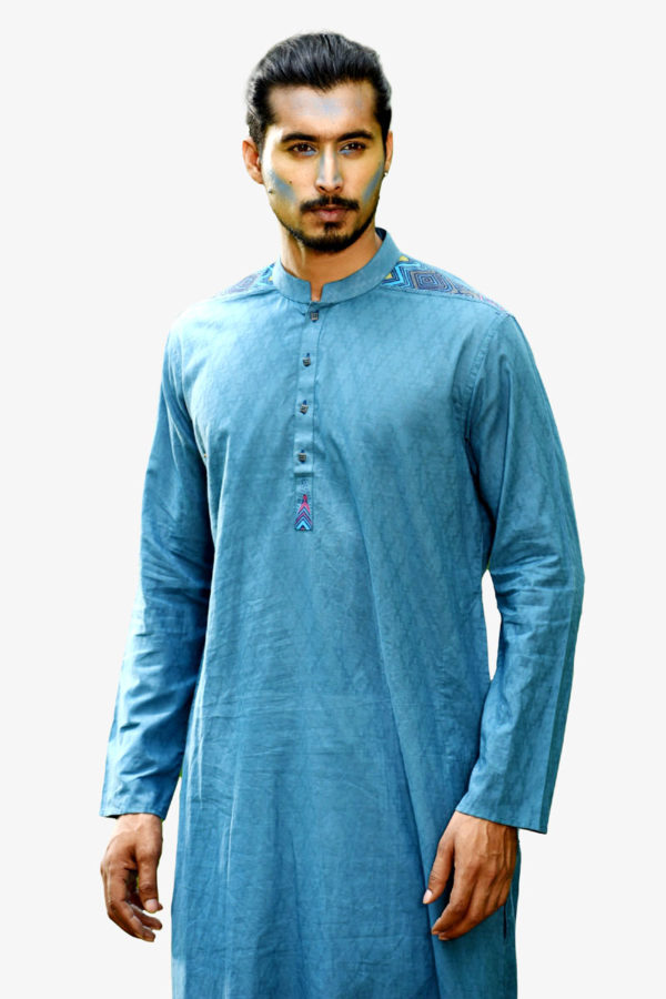 Royal Blue Printed Cotton Panjabi