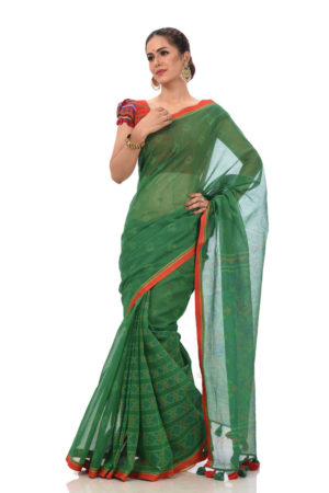 Green Half Silk Red Paar Printed Saree