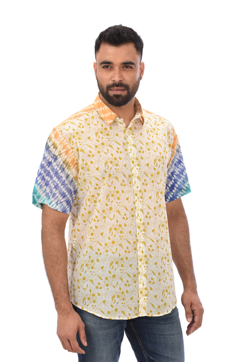 Off White Voile Printed & Tie-dyed Casual Shirt - KAY KRAFT