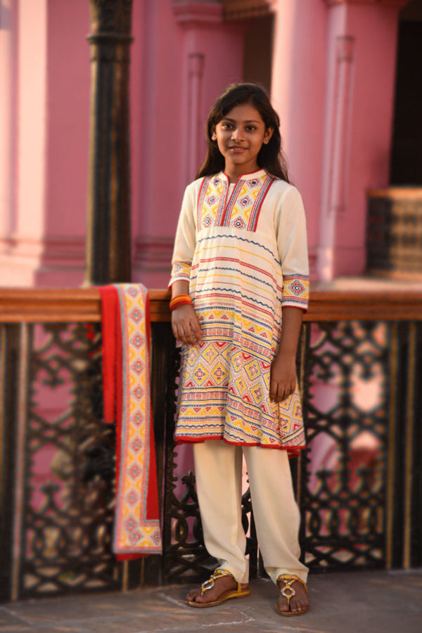 Cream Linen Printed & Embroidered Salwar Kameez for Girls