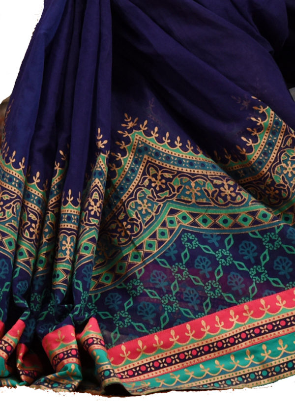 Midnight Blue Half Silk Printed & Hand Embroidered Saree