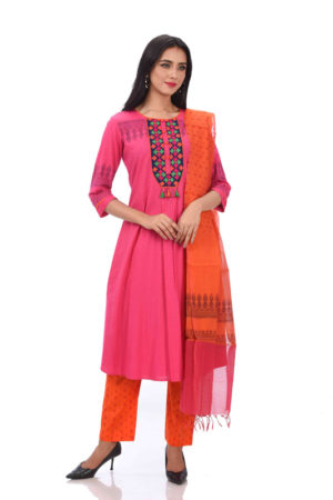 Rose pink Cotton Printed & Hand Embroidered Salwar Kameez Set