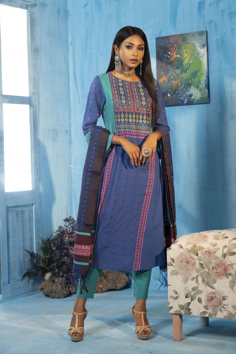 Royal Blue Linen Printed & Embroidered Salwar Kameez Set