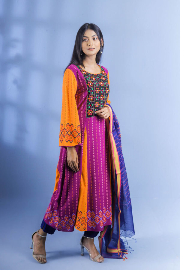 Purple Linen Printed & Hand Embroidered Salwar Kameez Set
