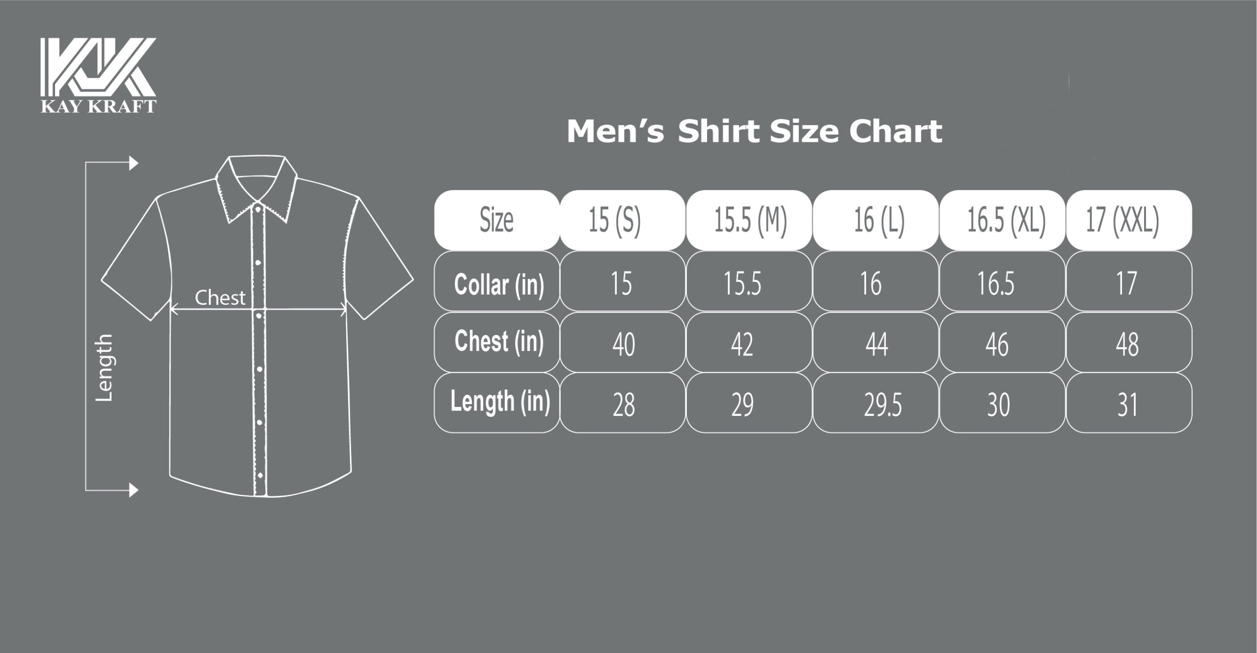 Men's Half Sleeve Shirts Size Chart