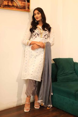 White Half Silk Sequin Embellished Salwar Kameez Set