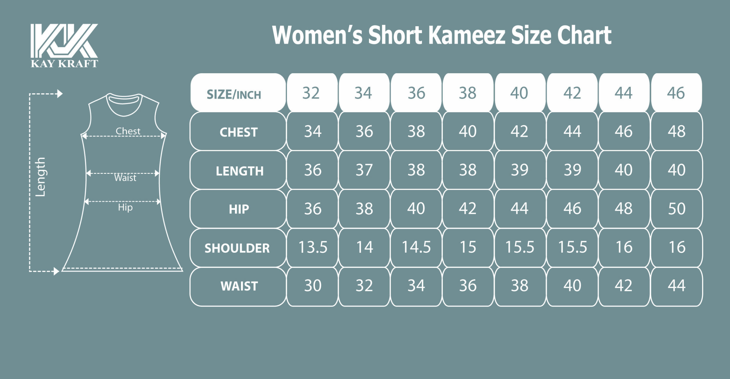 Short Kameez Size Chart