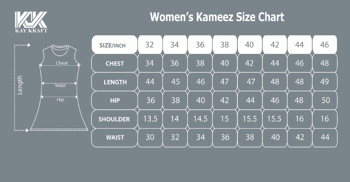 WOMEN'S KAMEEZ SIZE CHART