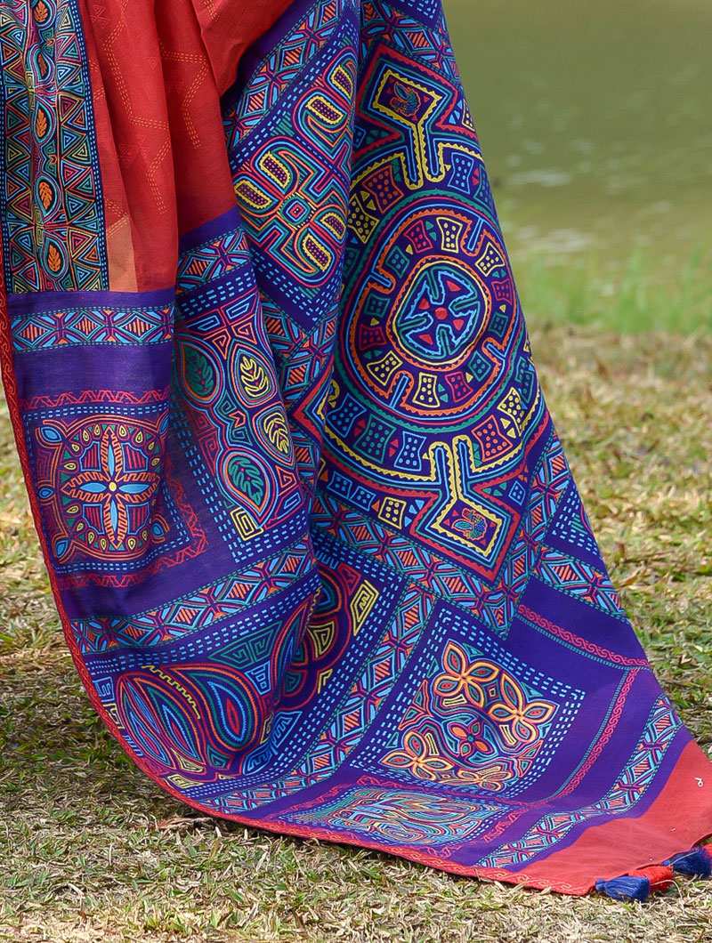 Maroon Half Silk Printed & Hand Embroidered Saree - KAY KRAFT