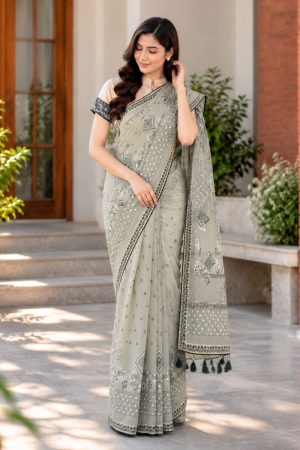 Sage Green Half Silk Printed & Embroidered Saree