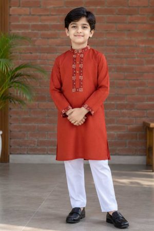Crimson Red Jacquard Cotton Printed & Embroidered Panjabi for Boys