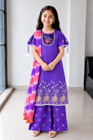 Lavender Voile Printed & Hand Embroidered Salwar Kameez Set for Girls