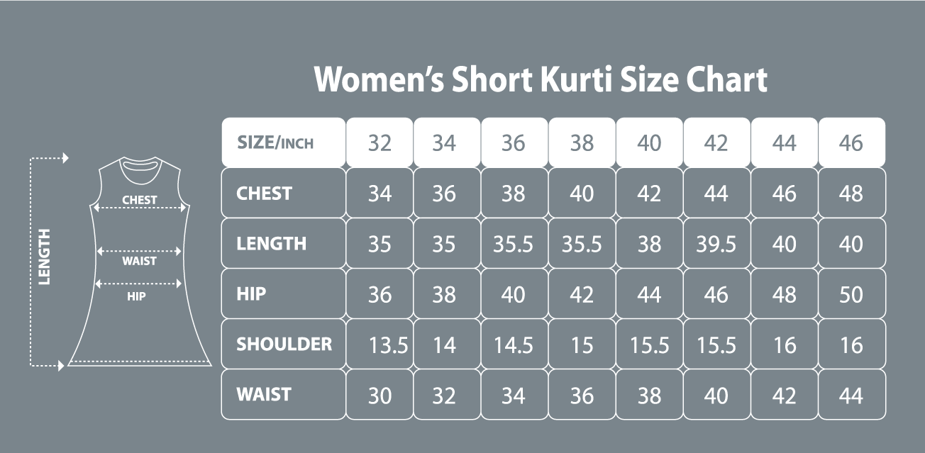 Women's short kurti size chart