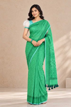 Emerald Green Cotton Printed Saree