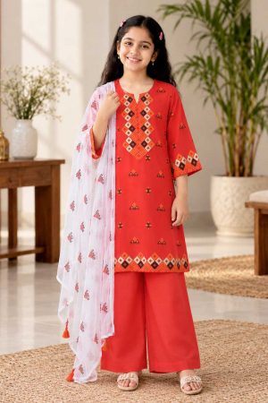 Coral Red Cotton Printed Salwar Kameez Set for Junior Girls