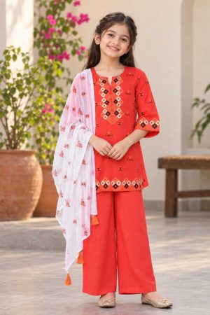 Coral Red Cotton Printed Salwar Kameez Set for Girls