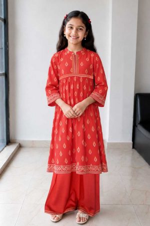 Coral Red Cotton Printed Top with Palazzo for Girls