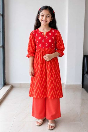 Red Linen Printed Top for Girls