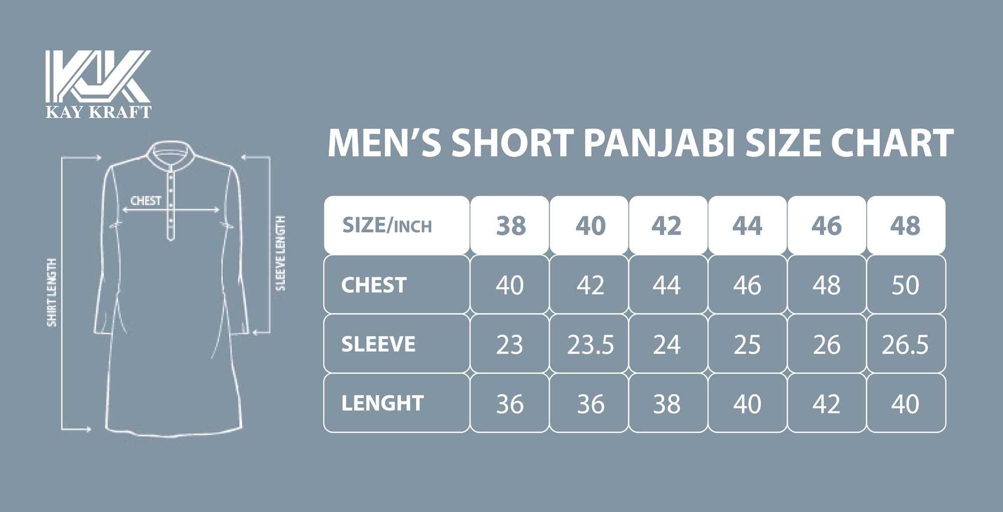 MEN'S SHORT PANJABI SIZE CHART