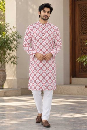 White Cotton Printed Panjabi