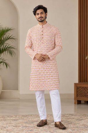 White Cotton Printed Panjabi