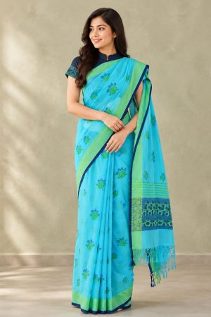 Ice Blue Cotton Printed Saree