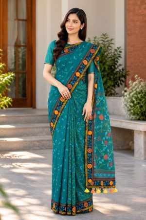 Teal Blue Cotton Printed & Hand Embroidered Saree