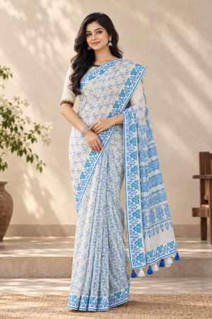 White Cotton Printed Saree