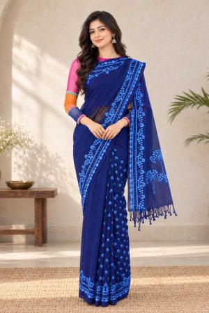 Navy Blue Cotton Printed Saree