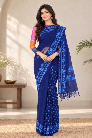 Navy Blue Cotton Printed Saree