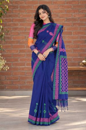 Navy Blue Cotton Printed Saree