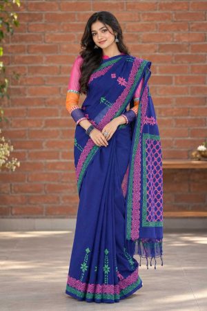 Navy Blue Cotton Printed Saree