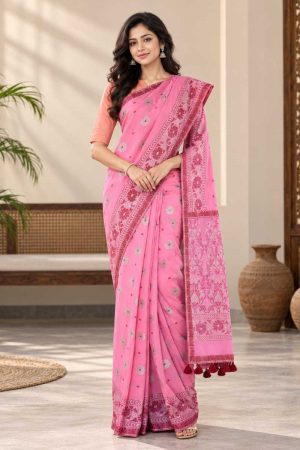Powder Pink Cotton Printed Saree