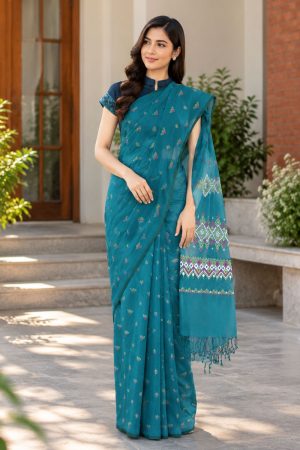 Calypso Green Cotton Printed Saree