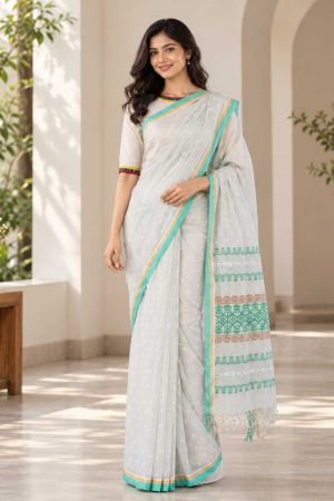Ivory Cotton Printed Saree