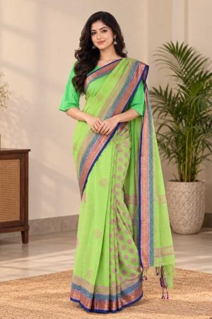 Lime Green Cotton Printed Saree