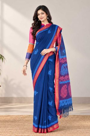 Prussian Blue Cotton Printed Saree