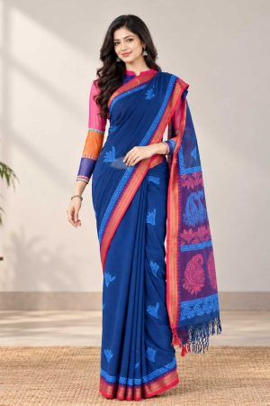 Prussian Blue Cotton Printed Saree