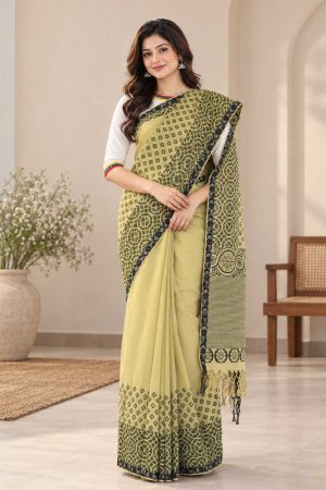 Pale Olive Cotton Printed Saree