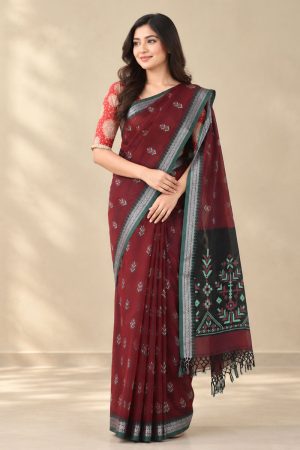 Maroon Cotton Printed Saree