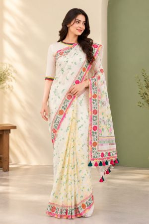 Ivory Cotton Printed & Hand Embroidered Saree