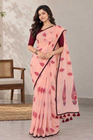 Salmon Half Silk Printed Saree